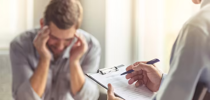 Mensch mit Klemmbrett spricht mit Mann, der sich die Stirn hält - (c) Vgstockstudio_ Shutterstock Mensch mit Klemmbrett spricht mit Mann, der sich die Stirn hält - (c) Vgstockstudio/ Shutterstock