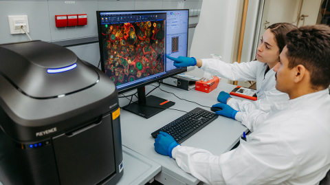 Two doctoral students sitting in front of a computer with cells on the screen (c) Jana Dünnhaupt, University of Magdeburg